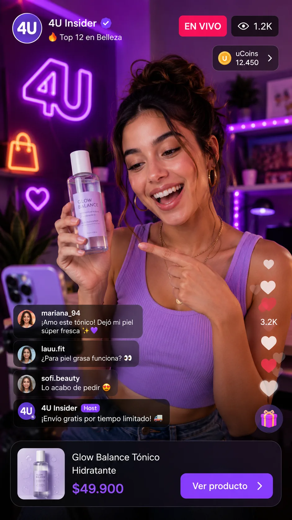 Vista de recomendaciones y descubrimiento de productos en 4U Social