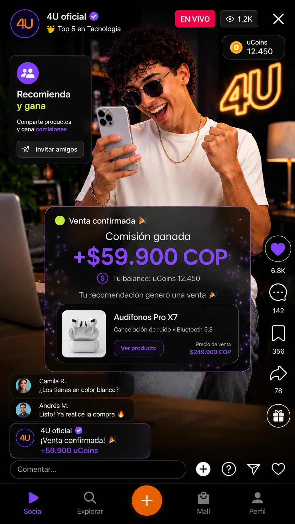 Creador celebrando una comisión de 59.900 COP por recomendar un producto en 4U Social