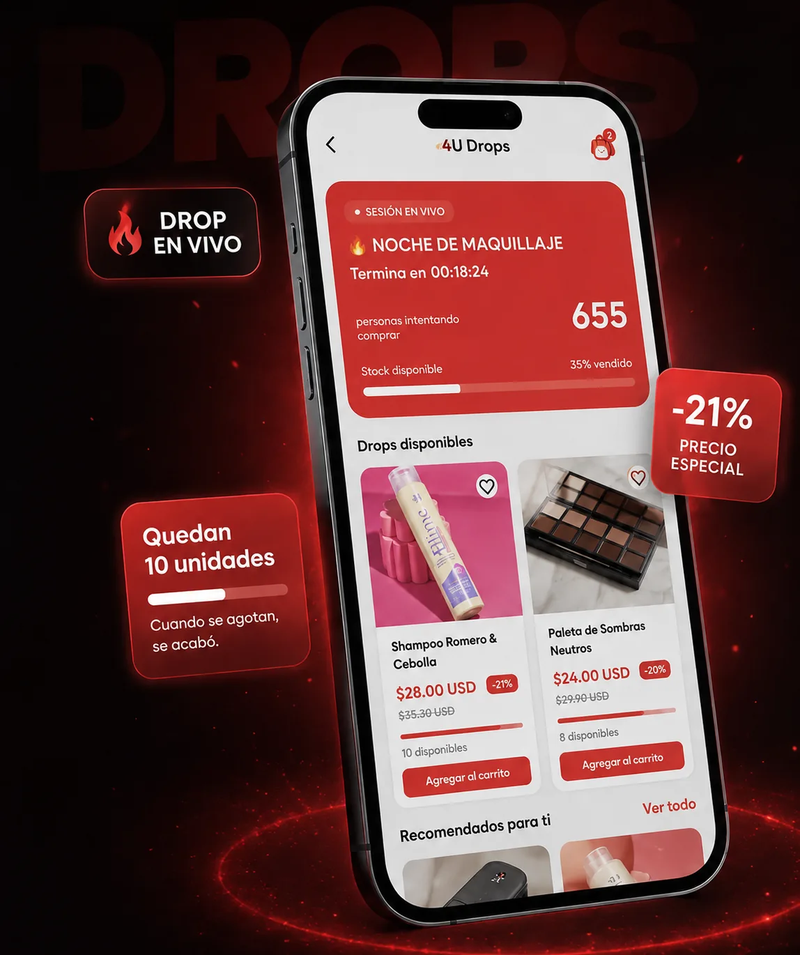 Pantalla de 4U Drops en español con sesión en vivo, contador, stock y productos disponibles