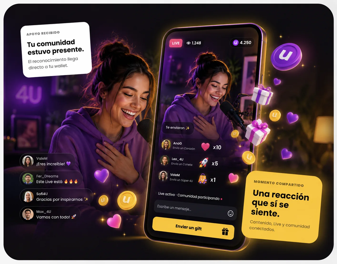 Creadora recibiendo gifts de uCoins durante un Live