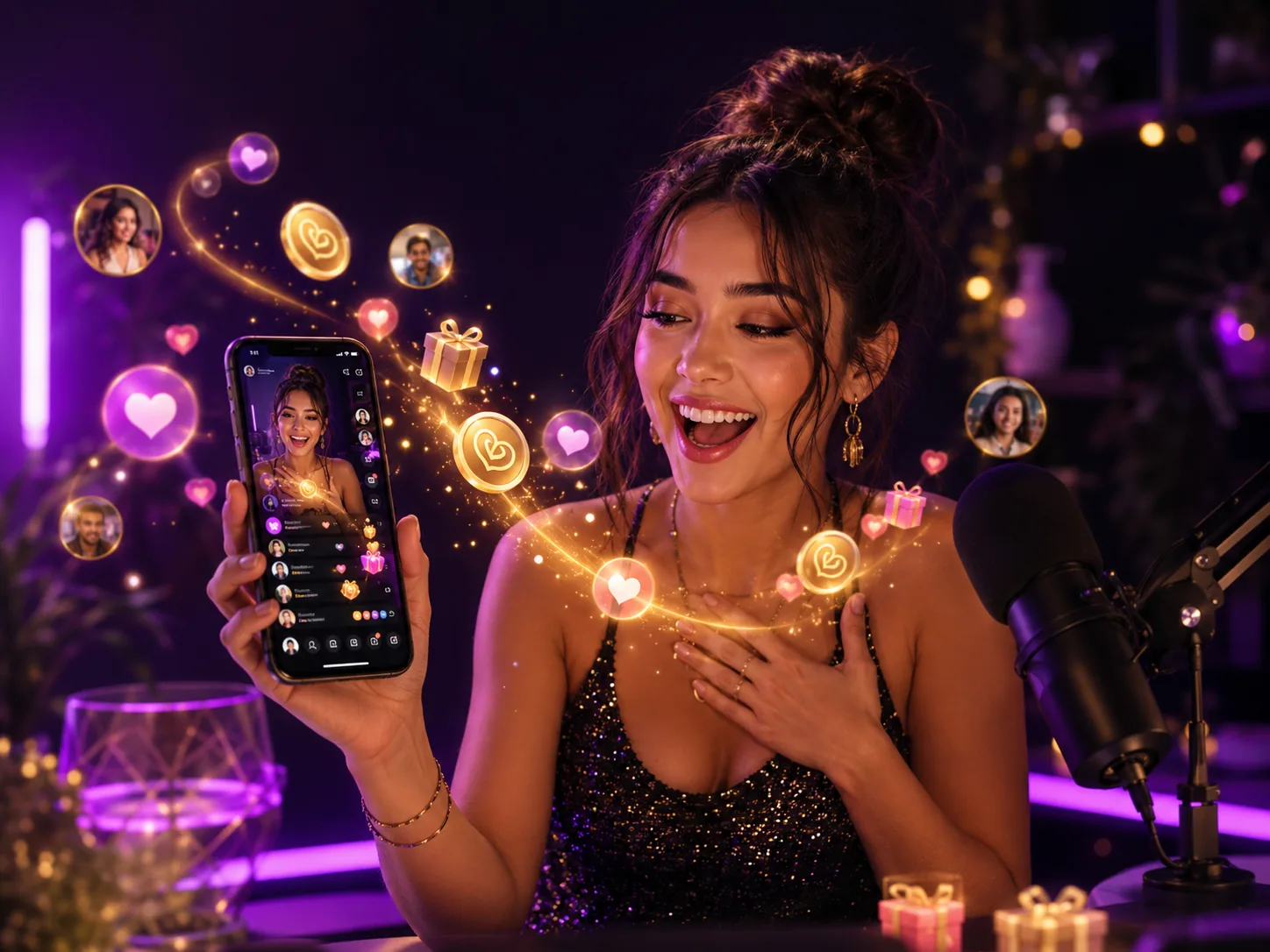 Creadora celebrando los gifts recibidos de su comunidad durante un Live en 4U